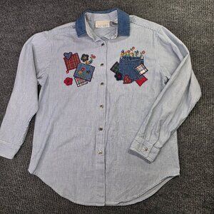 Casey Max Shirt Womens Medium Blue White Stripe Denim Floral Cottage Patchwork